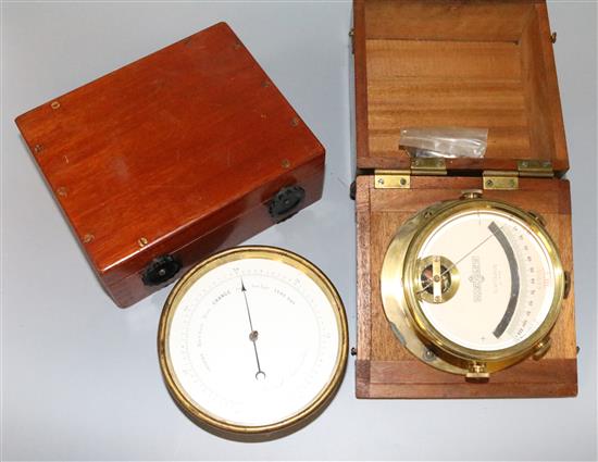 Hughes Paget Angled Sextant, a Suprecision brass galvanometer, (both cased) & a circular brass aneroid baromoter (3)